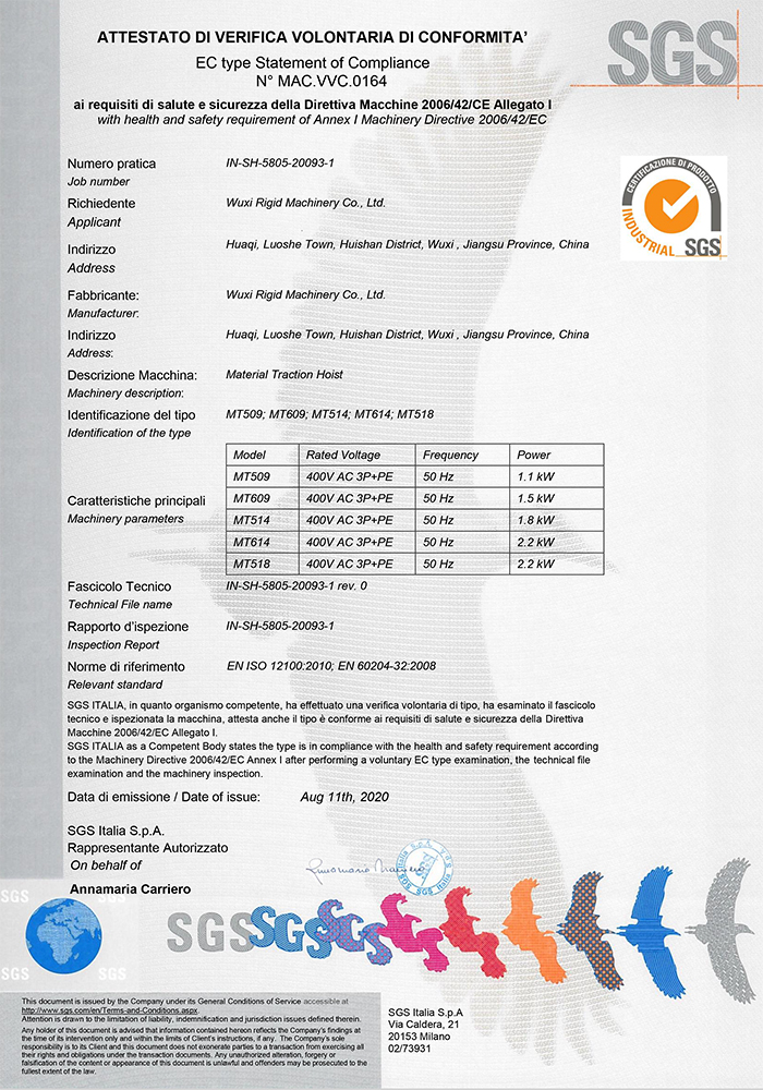 Sertifikat CE lift bahan MT